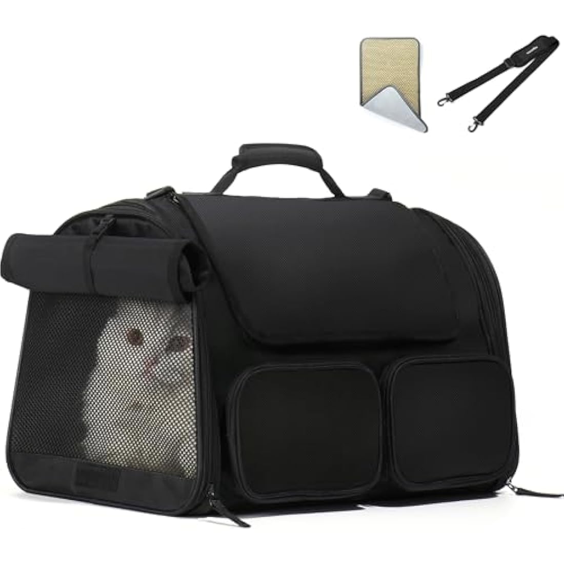 FUKUMARU Cat Carrier, 4 Mesh Windows Small Dog Carrier, 4 Storage Pockets Cat Travel Bag, Under 6.8 Kg Airline Approved Pet Carrier, Rollable Cover for Nervous Cats, Black