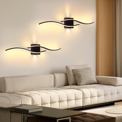 EIDISUNY Led Wall Light, 80cm 28W Black Indoor Modern Wave bar LED Wall Lamp for Living Room Indoor Hallway Bedroom Kitchen Stairs Bedside Vanity Mirror Sconce Light -Black Warm White Light 3000K