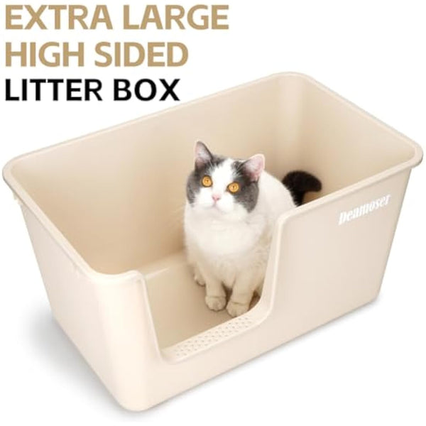 Extra Large High Sided Cat Litter Tray for Multi-Cat Households 54x31x32,Deep Cats Litter Box Anti-Splashing Beige