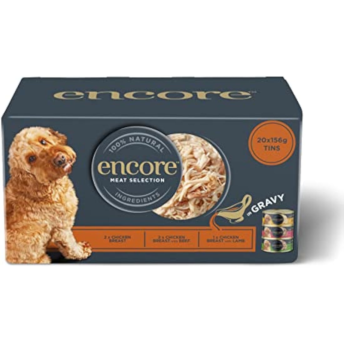 Encore 100% Natural Wet Dog Food, Multipack Meat Selection in Gravy 156 g Tin, Pack of 20