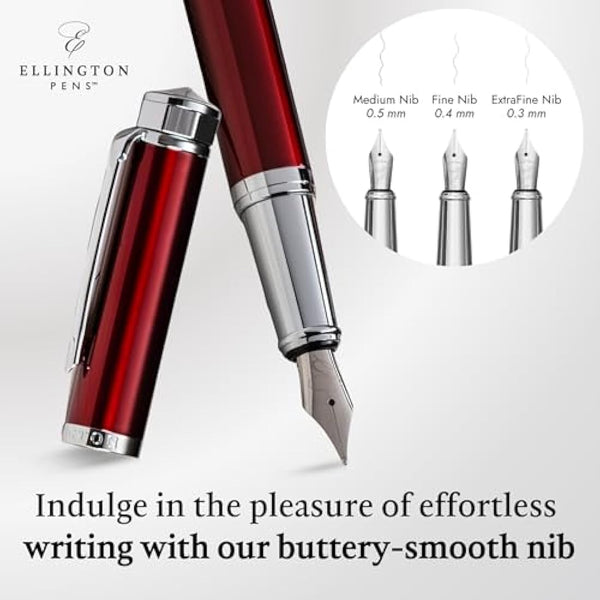 Ellington Pens Luxury Fountain Pen Set- Fountain Pens for Writing - Smooth Nib - Includes Refillable Ink Converter, 3 Ink Cartridges [2 Black & 1 Blue], Gift Box - Elegant Calligraphy