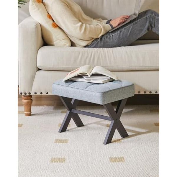 IBUYKE Small 12" H Footrest Stool, Square Linen Foot Stool with Metal X-Leg, Multi-Use as Small Side Table, Step Stool for Living Room, Bedroom, Entryway, Office, Blue Gray WBD011L