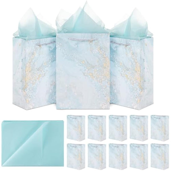 10 Pieces Gift Bag Medium Size Present Bag with Handle 10 Tissue Paper Gift Bags for Birthday Party 20X 10 X 28 cm Marbling Design