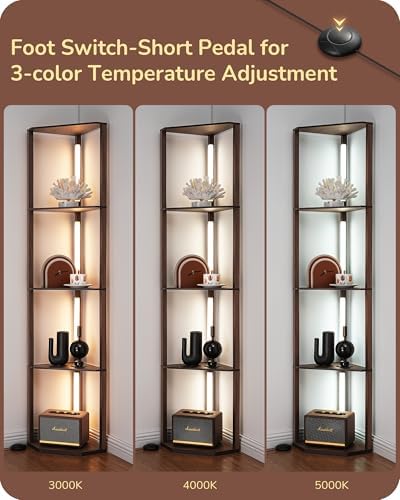 EDISHINE LED Floor Lamps with Shelves, 4 Layers Wood Dimmable Standing Lamp, 360° Rotatable Poles, Corner Floor Lamps for Living Room Bedroom Office, Walnut Brown