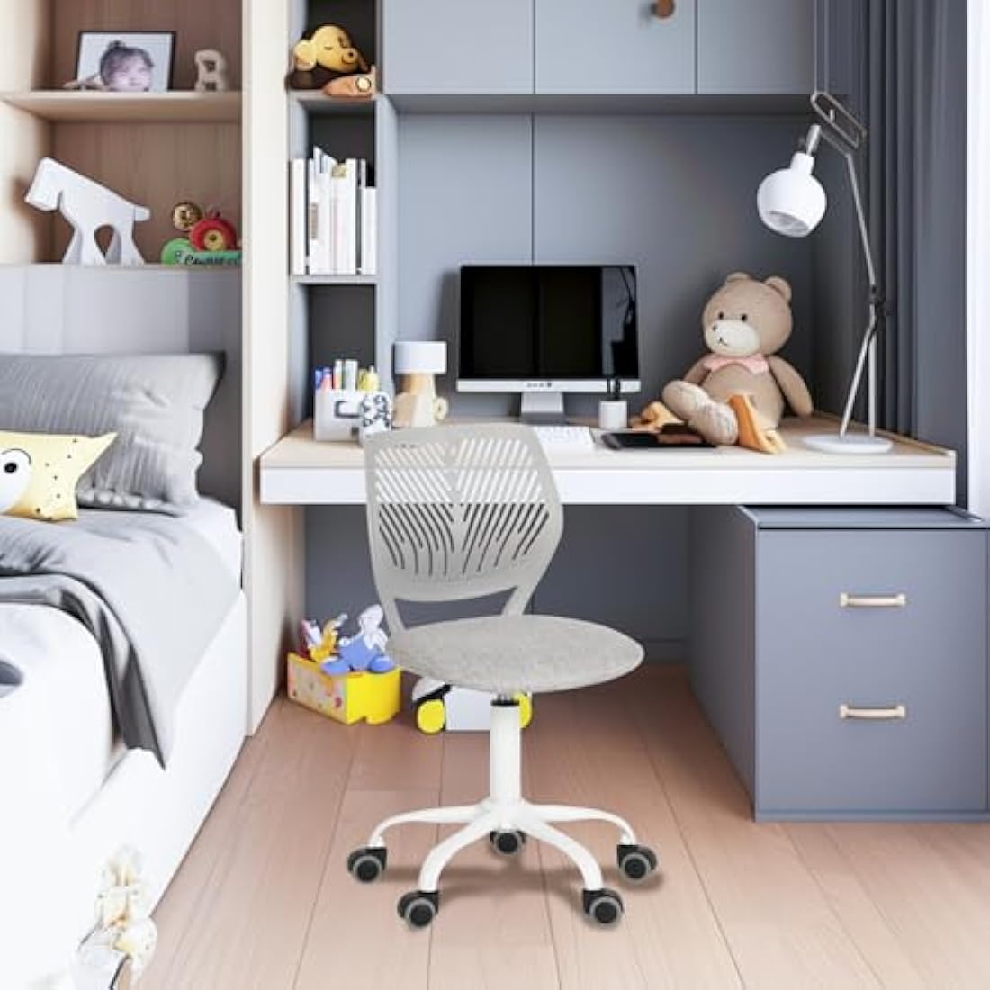 FurnitureR Set of 1 Desk Chair, Adjustable Height Task Chair, Swivel Chair with Small Hole Backrest Design for Bedroom Study Room, Light Grey