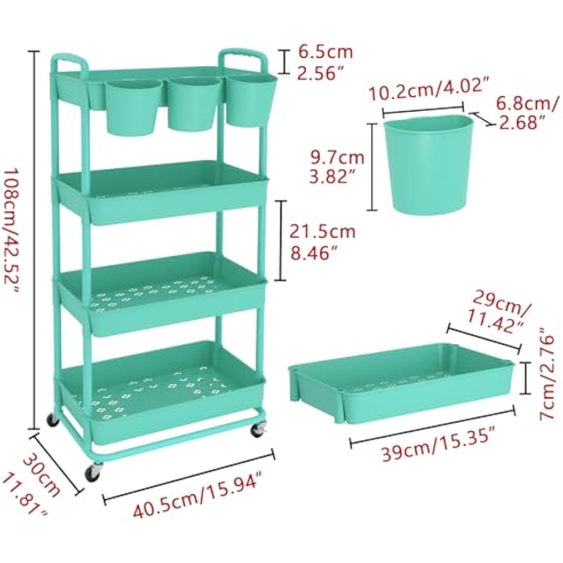 JIUYOTREE 4-Tier Plastic Rolling Storage Cart Utility Cart with Extra Hanging Cups Handles Lockable Wheels for Living Room Bathroom Kitchen Office Green