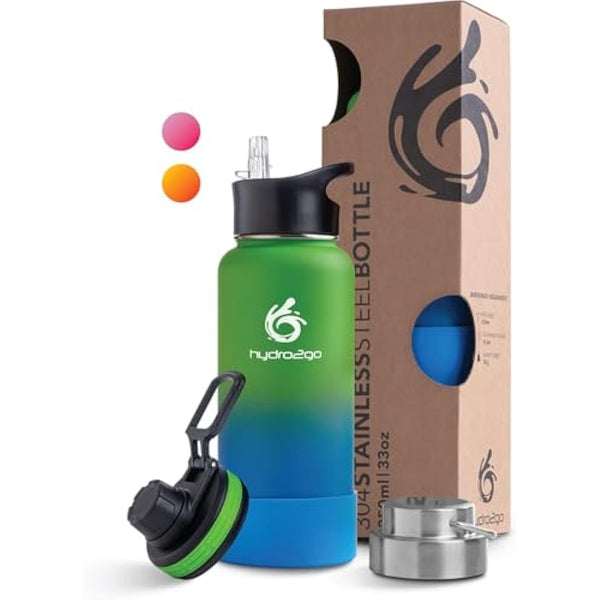 hydro2go Stainless Steel Water Bottle – BPA-Free Bottle for Kids, School, Sports & Outdoor – Keeps Drinks Hot for up to 12H and Cold for up to 24H – Includes 3 Drinking Caps – 950 ml (Earth)