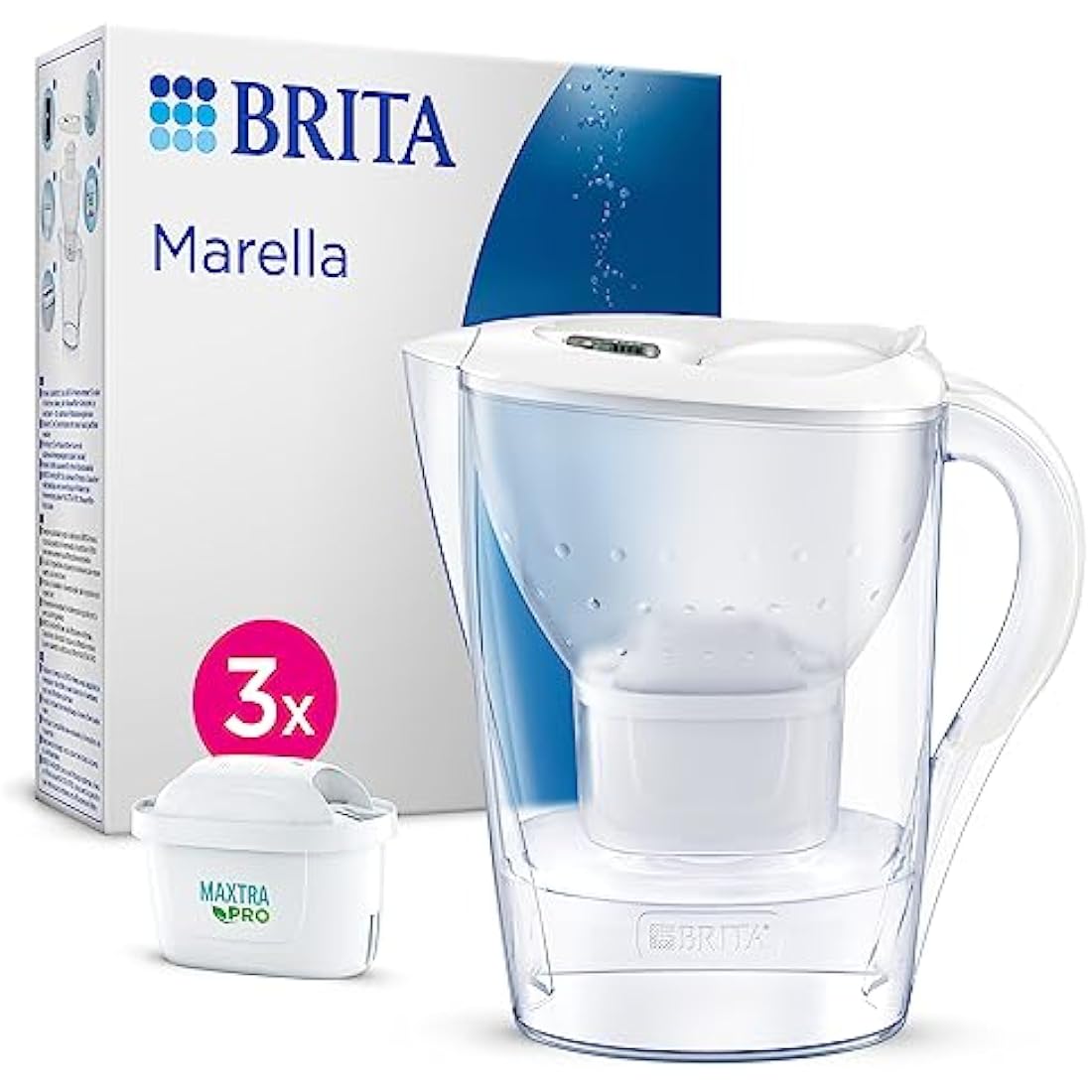 BRITA Marella Water Filter Jug White (2.4L) Starter Pack incl. 3x MAXTRA PRO All-in-1 cartridge - fridge-fitting jug with digital LTI and Flip-Lid - now in sustainable Smart Box packaging
