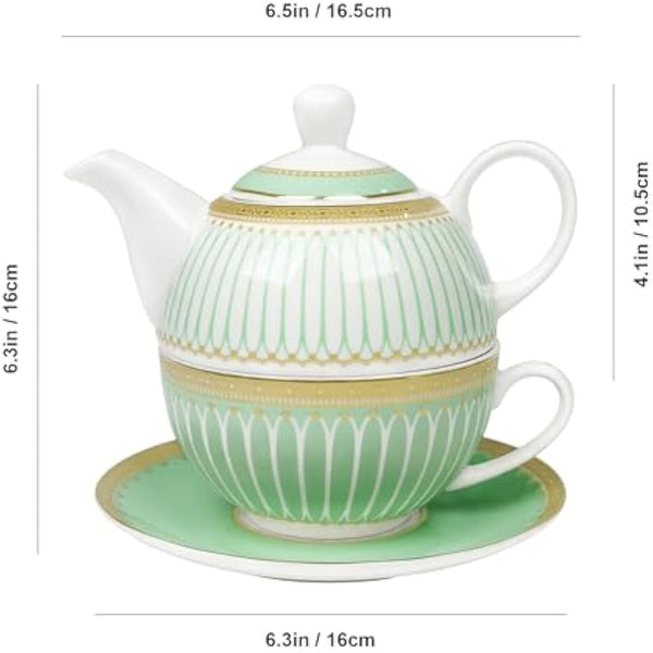 fanquare Teapot Cup and Saucer Set, British Afternoon Tea Set for One with Gold Trim, Porcelain Teapot for Adults Gift, Green Stripes