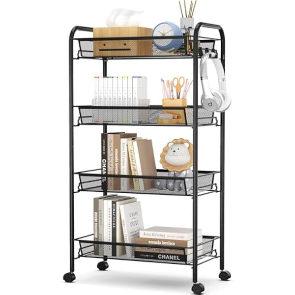 APEXCHASER 4-Tier Rolling Cart,Easy Assemble Mobile Storage Trolley On Wheels,Slide Out Utility Cart Shelving Units Kitchen Bathroom Laundry Room,Black