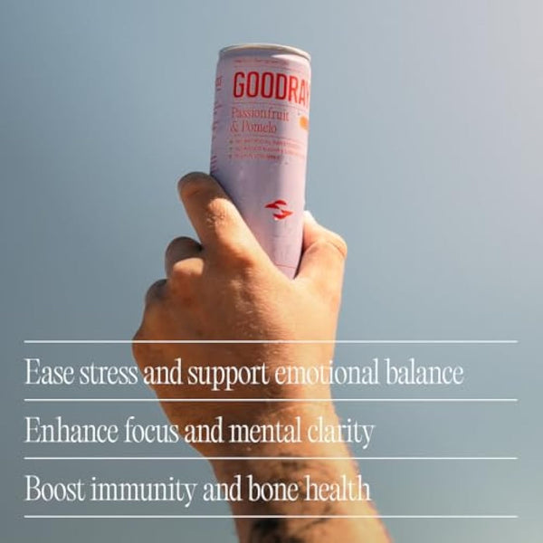 Goodrays - 30mg CBD Drink - 24 x 250ml Cans - Passionfruit & Pomelo - Natural Flavours, Low Calorie, Vegan - High Strength (30mg/can), All Natural - Reduce Stress & Unwind, Packaging May Vary