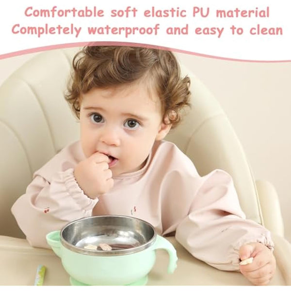 PewinGo Weaning Bib with Long Sleeves & BLW, Soft and Skin-Friendly Material, Coverall Bibs for Baby Feeding, Waterproof and Easy to Clean & Machine Washable, for Baby Infant Toddlers (Pink)