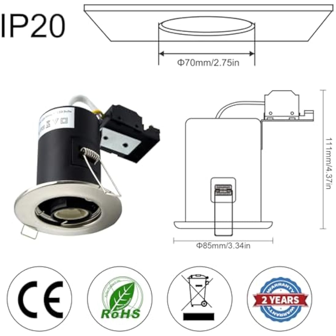 HiBay 4X LED Downlights Fire Rated GU10 Recessed Spotlights Ceiling Lights IP20 Down Light Indoor Brushed Chrome 240V