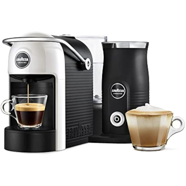 Lavazza, A Modo Mio Jolie & Milk EVO Coffee Machine Made from 33% Recycled Plastic, with Integrated Milk Frother and Removable Grid, Compatible with A Modo Mio Pods, 1250 W, 220–240 V, 50–60 Hz, White