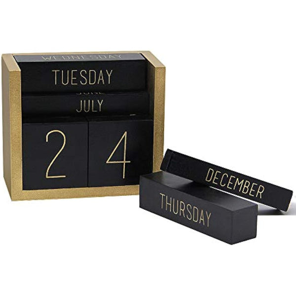 Juegoal Wooden Perpetual Calendar, Wooden Block Daily Calendar Office Desk Accessories (Black)