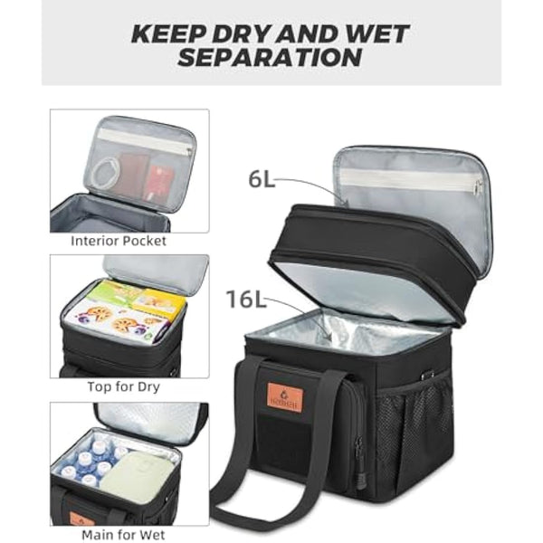 HSHRISH Large Insulated Lunch Bag for Man, Double Layer Insulated Large Cooler Bag for Men Adults Waterproof Leakproof Durable Lunch Bag for Work Outdoor Picnic Camping Day Trips 22L, Black