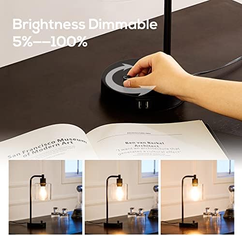 Homelist Dimmable Bedside Lamps Set of 2, Industrial Retro with USB Charging Ports, Black Modern LED Nightstand Desk Beside Table Lamp, Glass Shade for Bedroom Living Room Home Office, Bulb Included