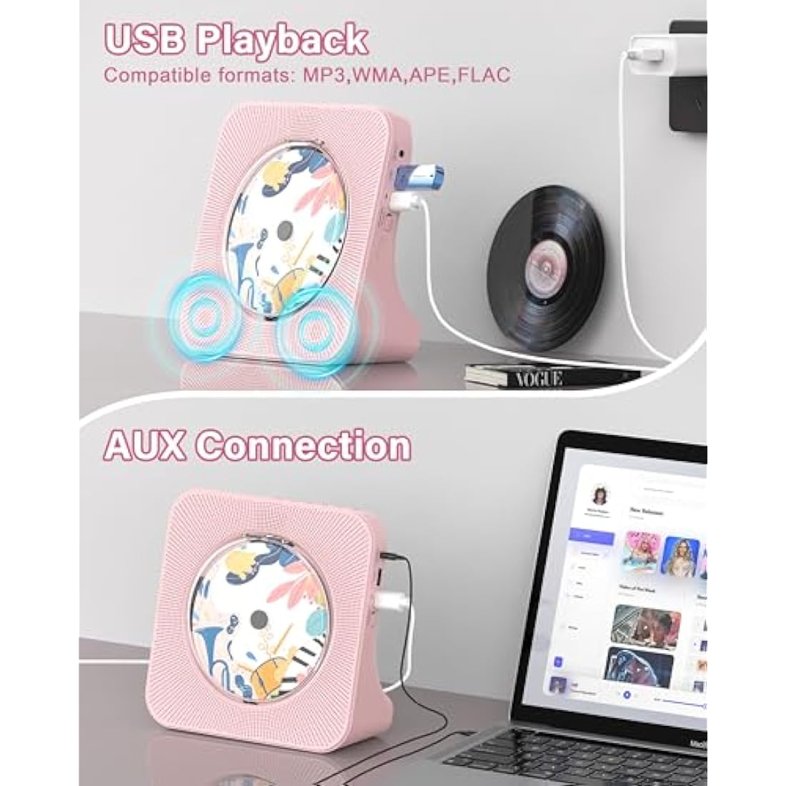 Greadio Portable CD Player with Bluetooth 5.0, Desktop CD Players for Home, CD Music Player with Speakers, Remote Control, Dust Cover, FM Radio, LCD Display, AUX, USB, Headphone Jack, Pink