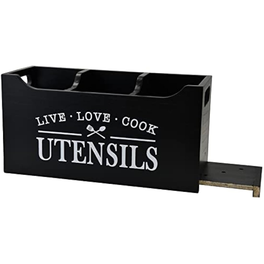 Karisky Kitchen Utensil Holder with Drainage Bottom, Large 3 Compartments Solid Real Wood Utensil Organizer for Kitchen Counter, Farmhouse Cooking Tools Storage for Countertop, Black