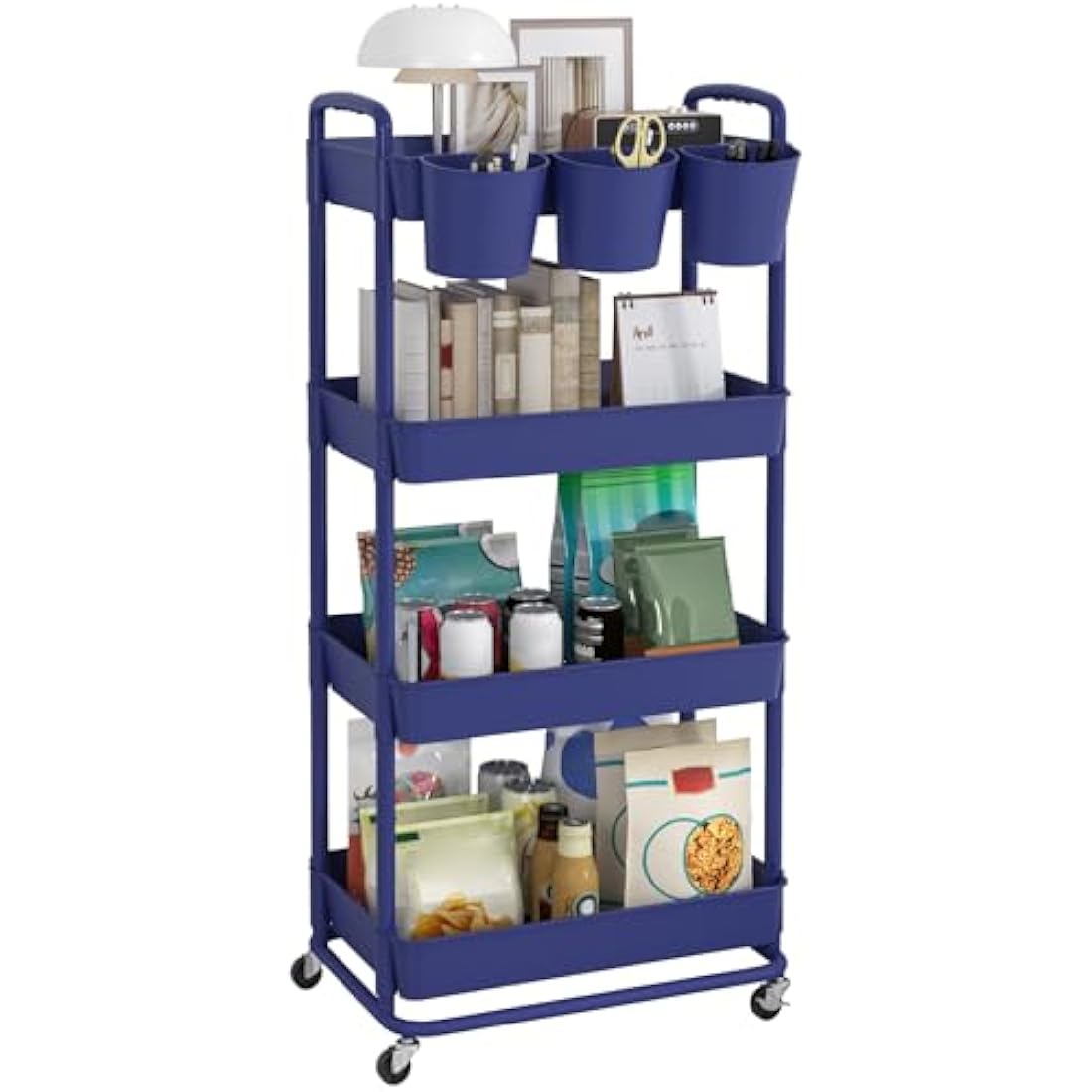 JIUYOTREE 4-Tier Plastic Rolling Storage Cart Utility Cart with Extra Hanging Cups Handles Lockable Wheels for Living Room Bathroom Kitchen Office Blue