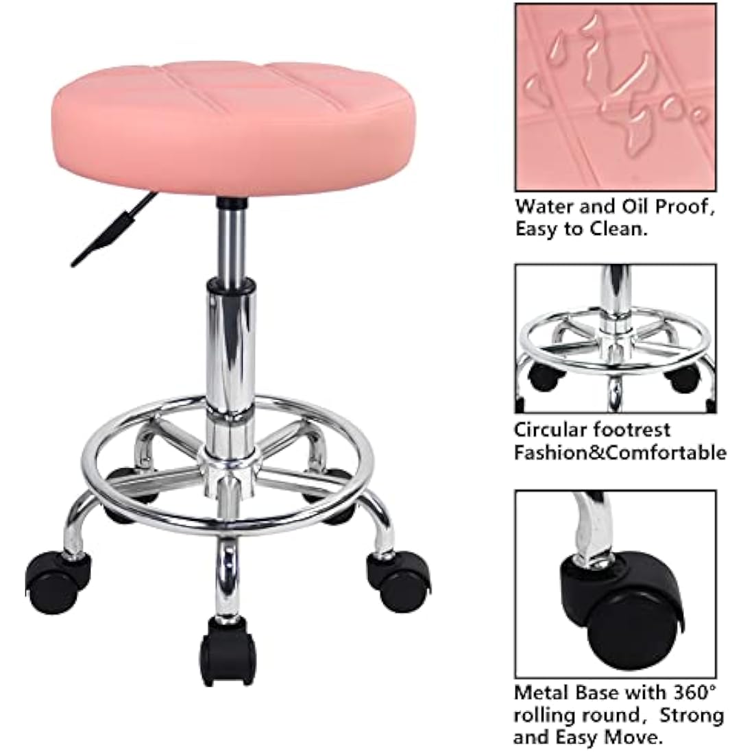 KKTONER Round Rolling Stool Chair PU Leather Height Adjustable Swivel Drafting Work SPA Shop Salon Stools with Wheels Office Chair Small (Pink)