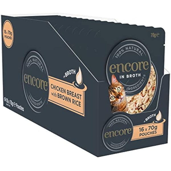 Encore 100 Percent Natural Cat Food, Pouch Chicken & Brown Rice in Broth 70g (16 x 70g Pouches)