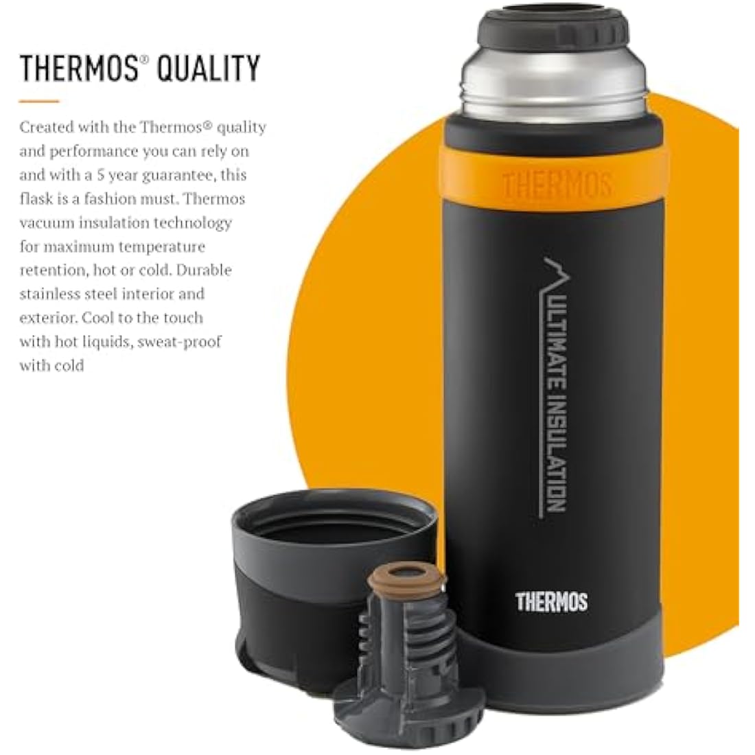 Thermos - Matt Black Ultimate Flask (500ml), Reusable Insulated Stainless Steel Thermal Coffee Cup for Hot or Cold Drinks, Vacuum Sealed Water Flask with a Leak-Proof Lid, 24hr Hot/24hr Cold