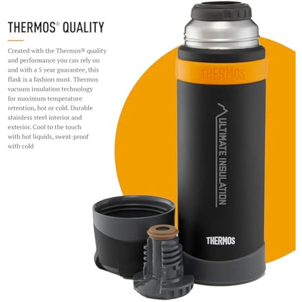 Thermos - Matt Black Ultimate Flask (500ml), Reusable Insulated Stainless Steel Thermal Coffee Cup for Hot or Cold Drinks, Vacuum Sealed Water Flask with a Leak-Proof Lid, 24hr Hot/24hr Cold
