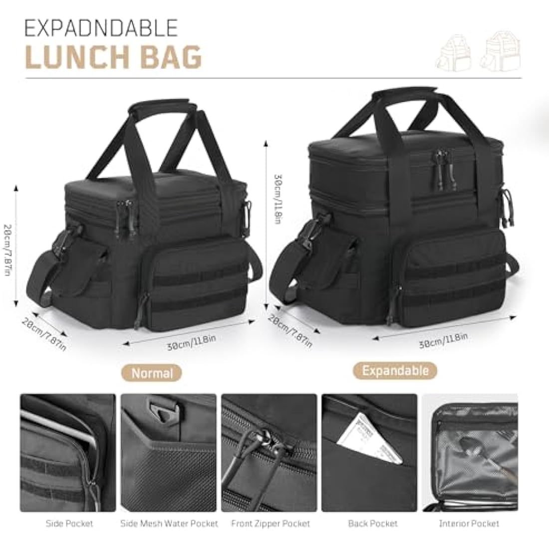 1TG Tactical Insulated Lunch Bag, Expandable Lunch Box for Men, Leakproof Large Cool Bag with Shoulder Stap, Reusable Lunch Tote Bag for Work Travel Camping Picnic Beach, 18L-24L