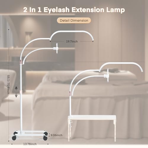 Lmaqfum Lash Light for Eyelash Extensions, 2 in 1 Half Moon Lamp with Phone Holder & 50cm Swing Arm, 7 Colours & Stepless Dimming, Esthetician Light with Wheel Stand for Eyelash Extension, White