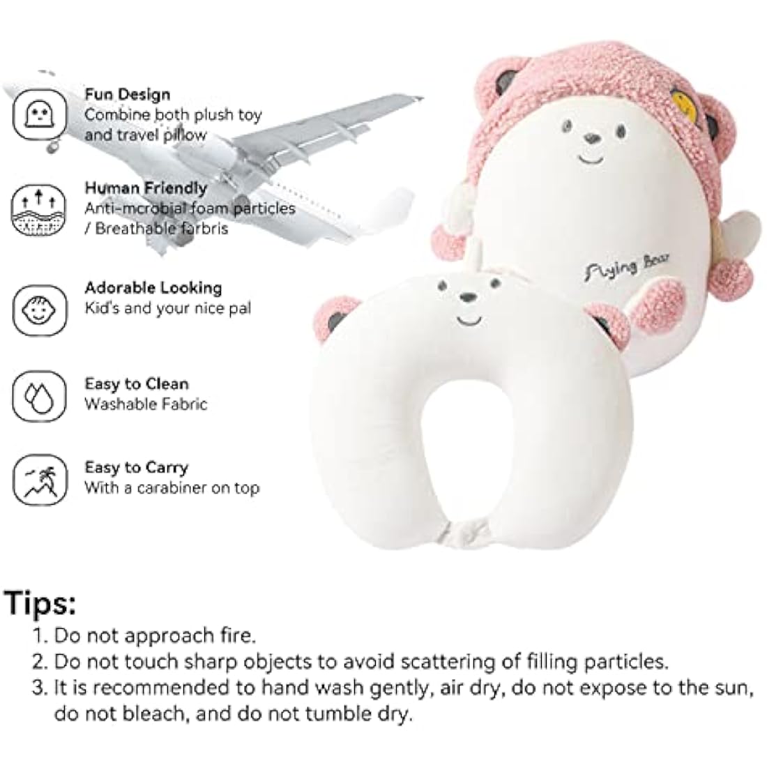JOYRAVO Kids Travel Pillow - 2-in-1 Deformable Neck Pillow, Soft U-Shaped Pillow with Cute Plush Animals Comfy Sleep and Play Companion for Airplanes, Cars, and Travel - Pink Bear