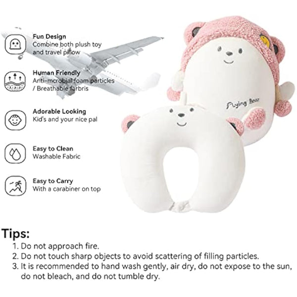 JOYRAVO Kids Travel Pillow - 2-in-1 Deformable Neck Pillow, Soft U-Shaped Pillow with Cute Plush Animals Comfy Sleep and Play Companion for Airplanes, Cars, and Travel - Pink Bear