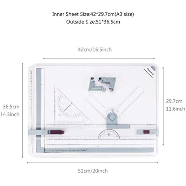 Preciva A3 Drawing Board, A3Drawing Table, Multi-function Technical Drafting Tables Metric System 51 * 36.5cm with Parallel Motion Accessories, Adjustable Angle