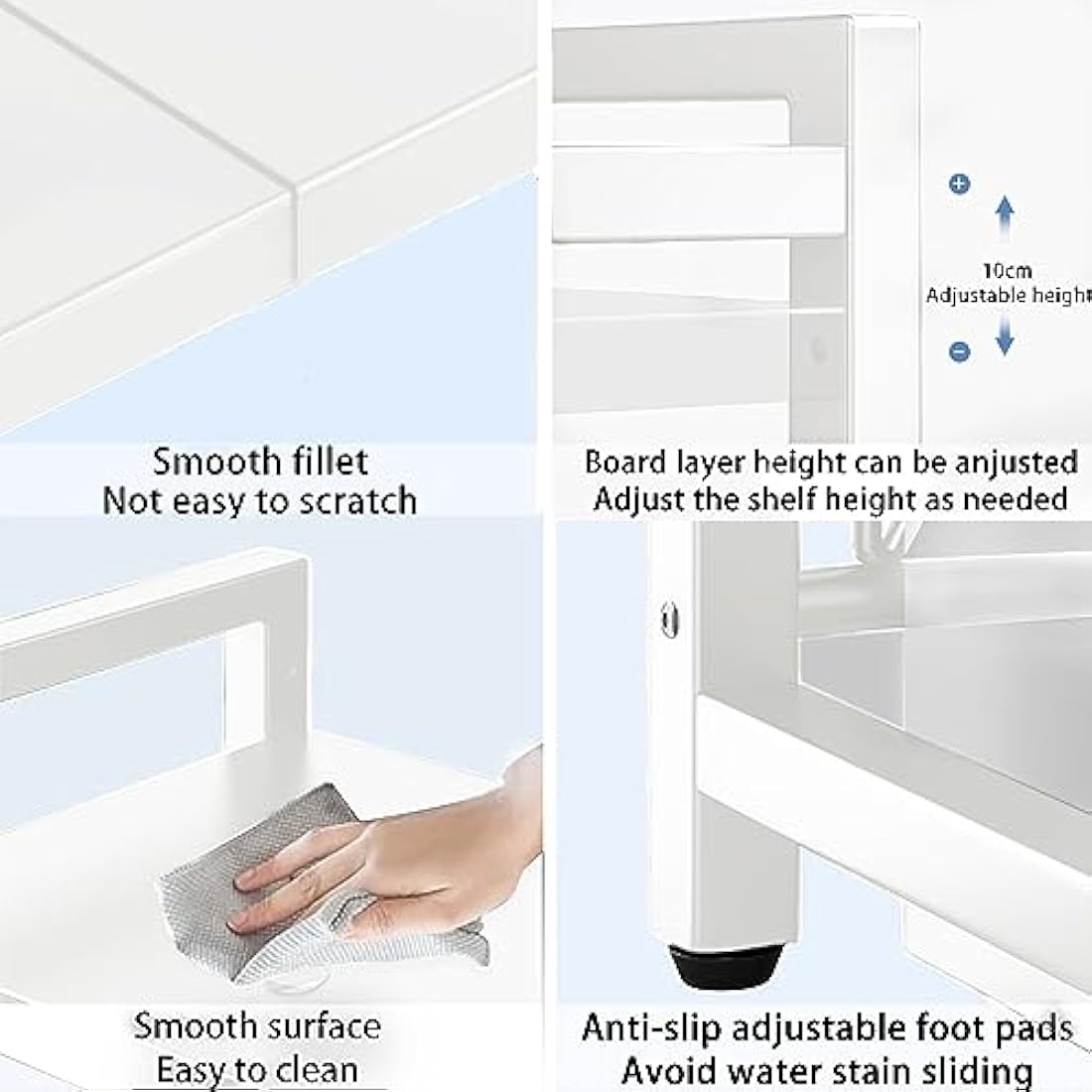 Expandable Microwave Oven Rack 2 Tier microwave shelf, Adjustable Carbon Steel Microwave Shelf,with 6 hooks Kitchen Counter Organizer Shelf Stand,Pot Pan Grill Storage Racks, Width 40-64cm white