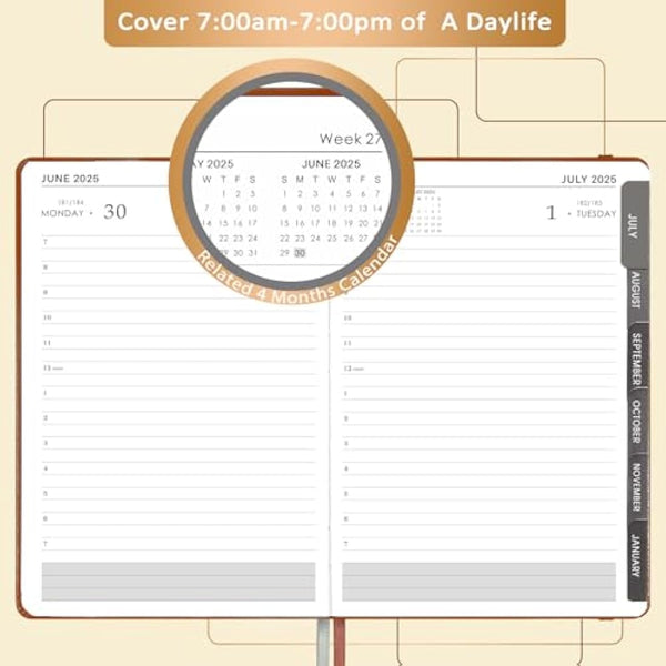 Academic Diary 2025-2026 - A5 diary 2025-2026 day per page from Jul. 2025 to Jun. 2025, Productivity planner 2025-2026 with Monthly Tabs, 14.8cm × 21.4cm - Brown