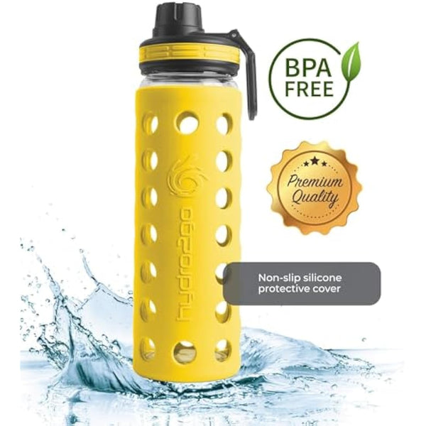 hydro2go Glass Water Bottle with Silicone Sleeve – Dishwasher Safe, 2 Interchangeable Lids, 100% Leak-proof & BPA-free – Ideal for Children, Office, Sports & Outdoor (Blazing Yellow 2.0) – 550 ml