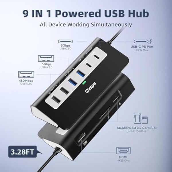 Intpw USB C Hub,9-IN-1 USB Hub 3.0 with Lable 3.28FT,4K HDMI, 2USB-A 3.0, PD 100W, 2USB-A 2.0, USB-C 3.0, SD/TF, Aluminium Docking Station for iPhone16 MacBook Air/Pro/Laptop/Mac OS/Windows
