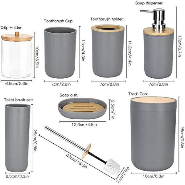 JOTOM 7 Pieces Bamboo Bathroom Accessories Bathroom Accessory Set Luxury Modern Plastic Bath Set Toothbrush Holder Tumbler Qtip Holder Toilet Brush Set Soap Dish Trash Can Soap Dispenser Gift (Grey)