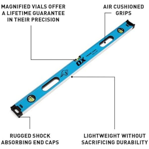 OX Trade Box Spirit Level - 900mm / 36", Lightweight, High-Accuracy Magnified Vials, Shock-Absorbing Removable End Caps, Ergonomic Cushioned Grips, OX-T024209