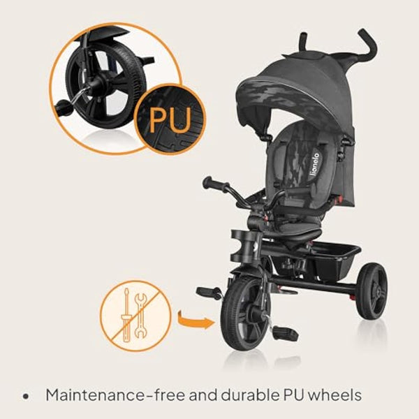 LIONELO Haari 2in1 Kids Tricycle Stroller for toddlers 1-5 Years Up to 25kg Parent steering control Swivel seat Three wheeler Bike Harness Canopy Basket Cup Holder Robust frame Durable Wheels