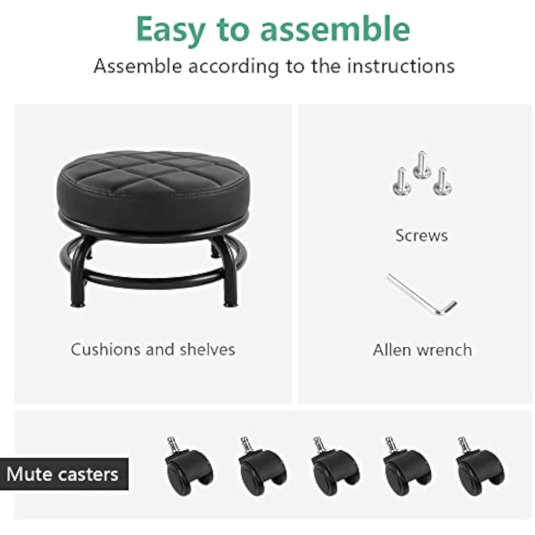 FURWOO Roller Seat PU Leather Low Round Rolling Floor Stool with Universal Caster Wheels for Home Fitness Sport Pedicure Stool, H：25.5cm(Black)