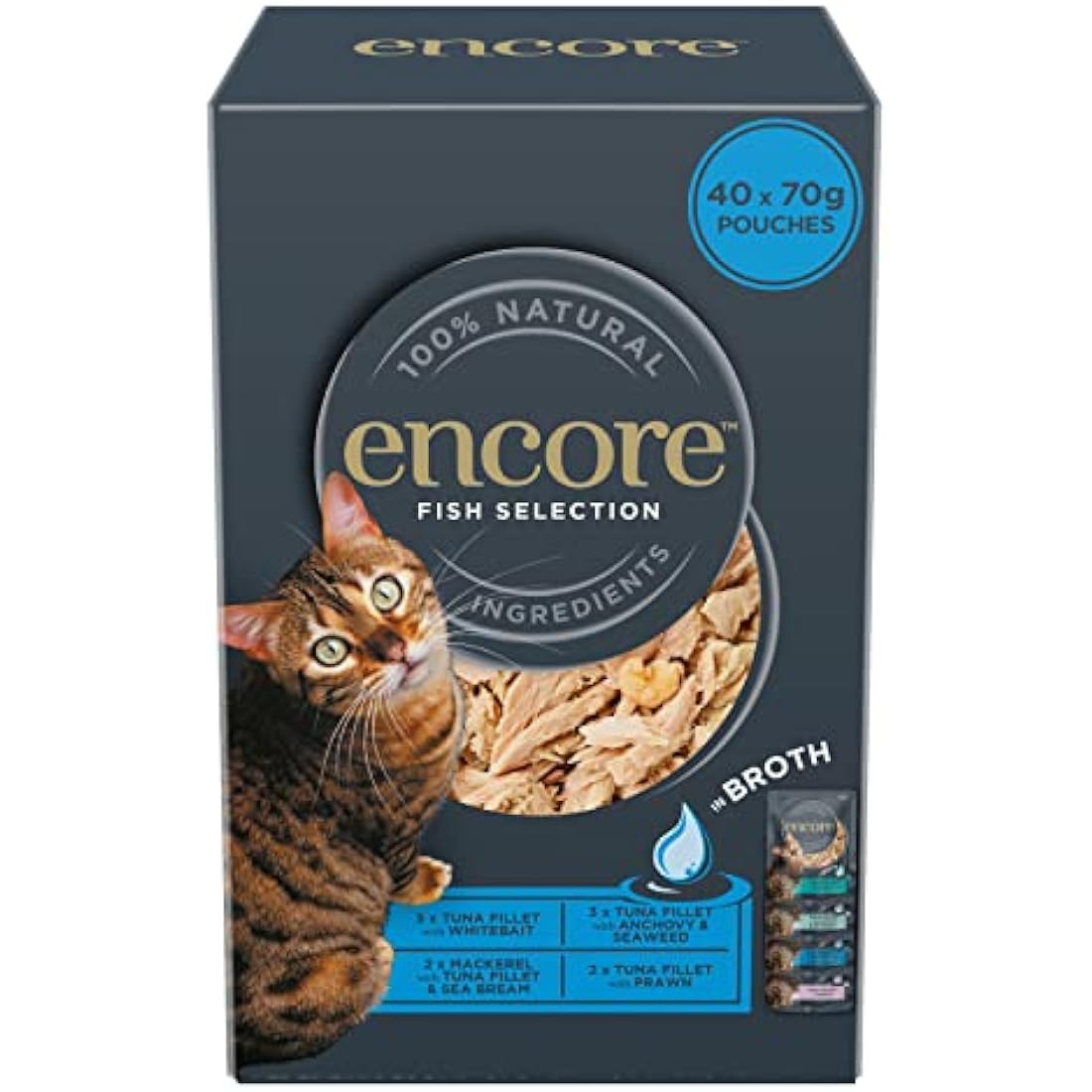Encore 100% Natural Wet Cat Food, Multipack Fish Selection in Broth 4 x 10 x 70g (Total 40 Pouches)
