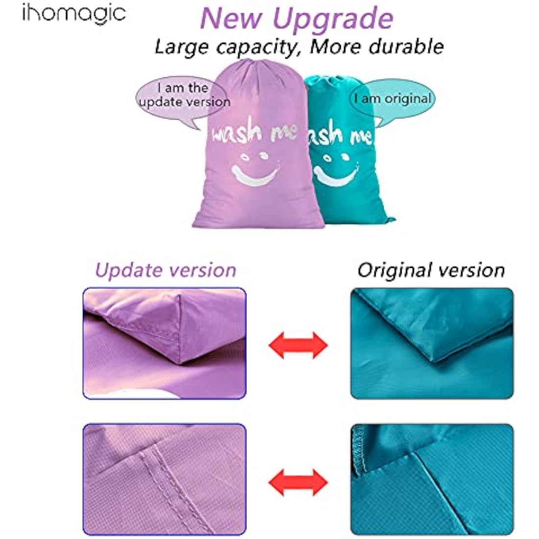 IHOMAGIC Extra Large Laundry Bag with Drawstring, Jumbo Size Washing Bag - Foldable Clothes Bag, Smile Durable Fabric Polyester Storage Bag for College Dorm Hotel Gym 61x92cm Purple