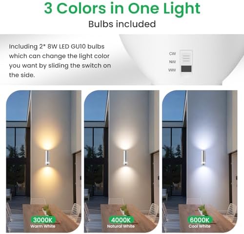 ALUSSO LIGHTING Up Down LED Wall Light PIR Motion Sensor 8W 750LM Stainless Steel Lamp, with GU10 Bulbs 3000K 4000K 6000K Adjustable, Outdoor Security Light IP65 Waterproof for Hallway Porch, Silver