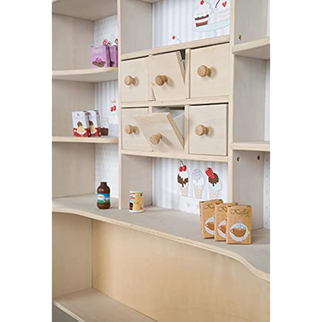roba Wooden Play Shop 'Café & Shop' - Sales Stand With 6 Drawers + Side Counter + Accessories (Natural With Print)