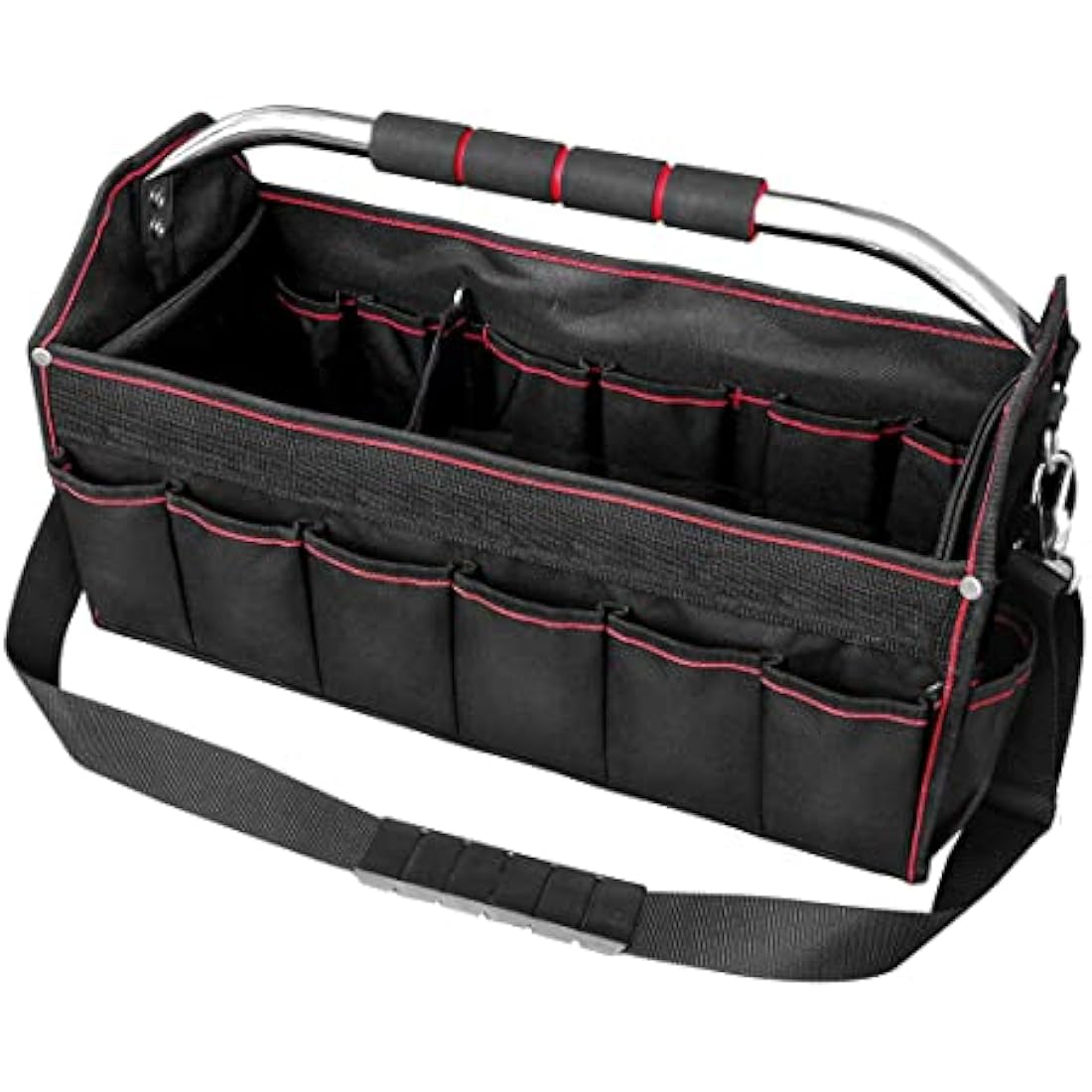 HAUTMEC 18 Inch Foldable Tool Tote Bag, Open Top Tool Bag with 27 Pockets and Removable Partition, Portable Tool Organizer with Adjustable Shoulder Strap & Water-Resistant Molded Base – HT0020