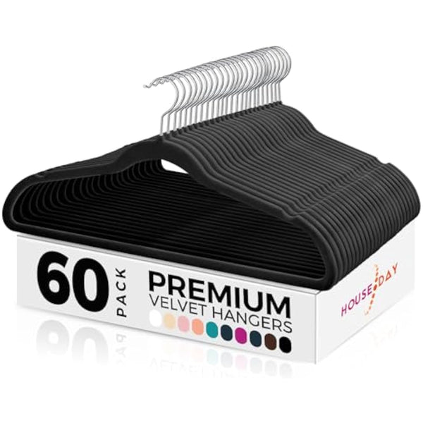 HOUSE DAY Black Velvet Hangers 60 Pack-Premium Clothes Hangers Non-Slip Felt heavy Duty Coathanger, Durable Suit Hanger for Space Saving, No Hanger Marks 360 Rotating (Tranquil Black)