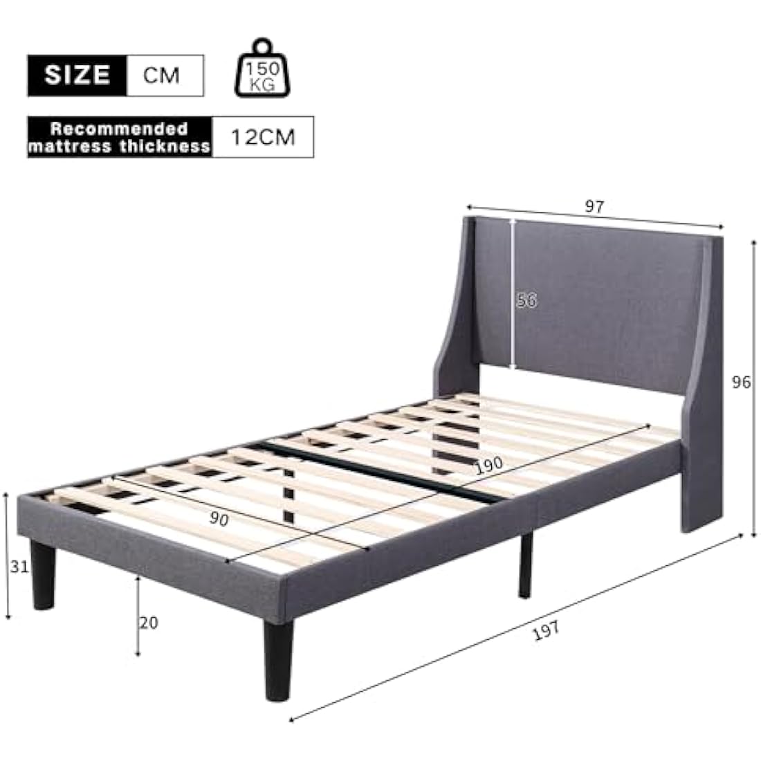 Merax Single Bed Frame 3FT Upholstered Bed with Winged Headboard, Wood Slat Support, Strong Comfortable Single Bed, Bedroom Furniture, Soft Linen Grey