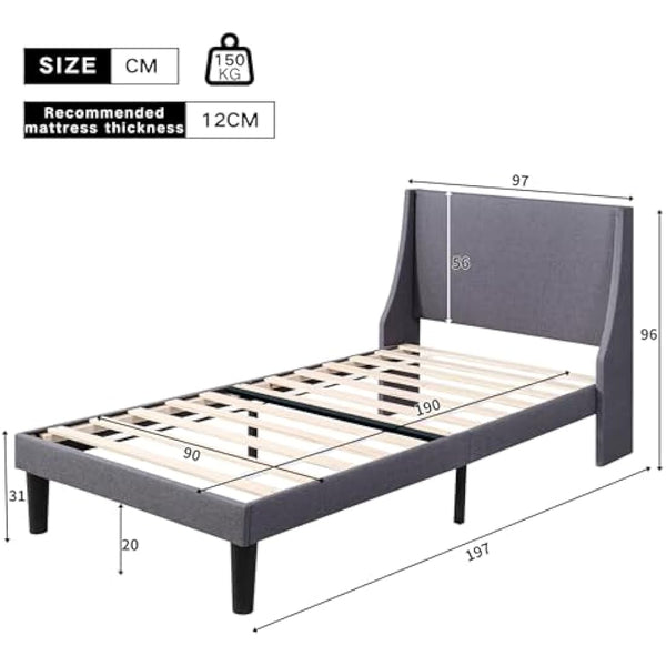 Merax Single Bed Frame 3FT Upholstered Bed with Winged Headboard, Wood Slat Support, Strong Comfortable Single Bed, Bedroom Furniture, Soft Linen Grey