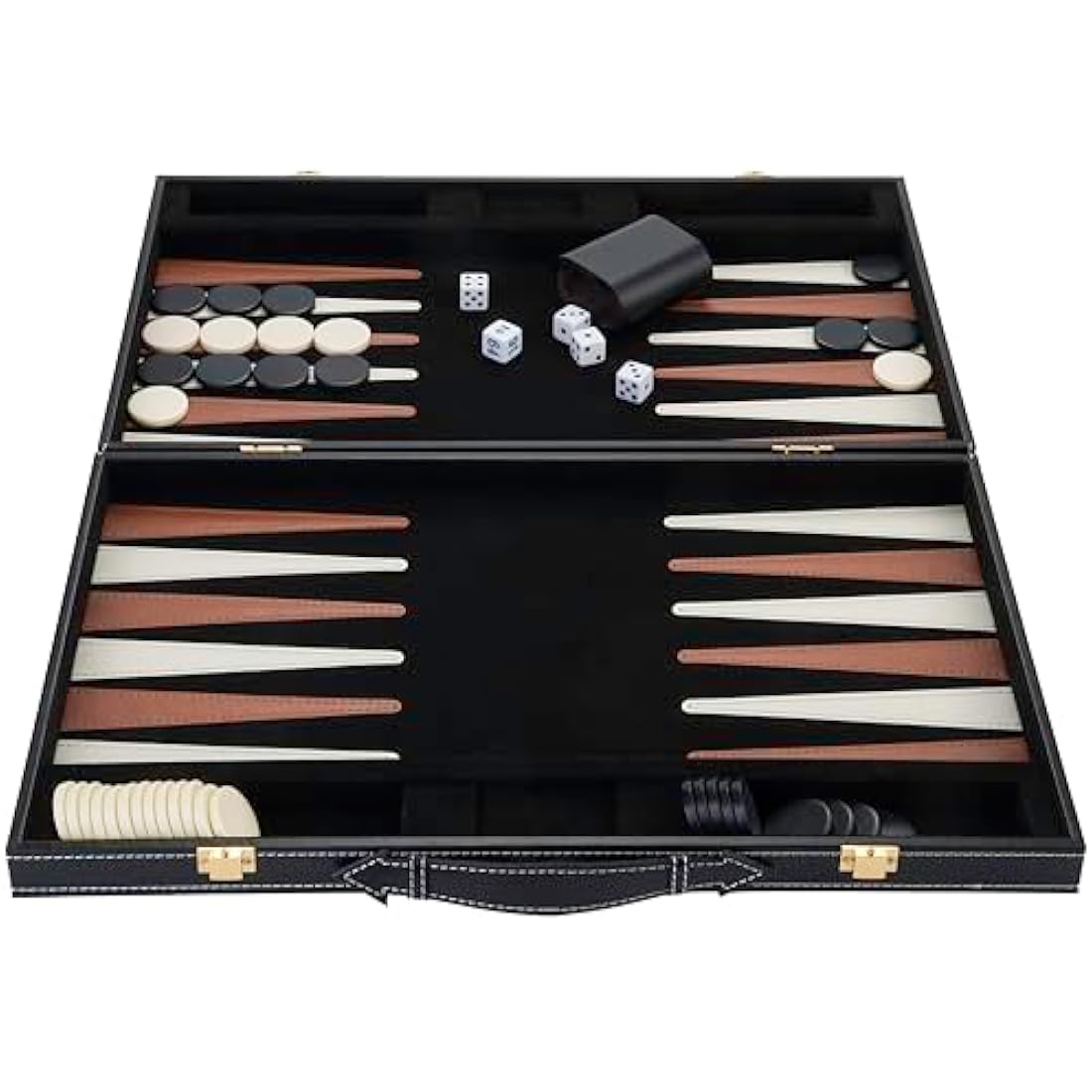Engelhart – 250504 – Deluxe Backgammon Game 18” – Brown/Ivory – Open: 45.5 x 30.5 x 6 cm –Felt interior – Faux leather points – Metal clasps – 2 players – 5 dice, 2 cups matching checkers